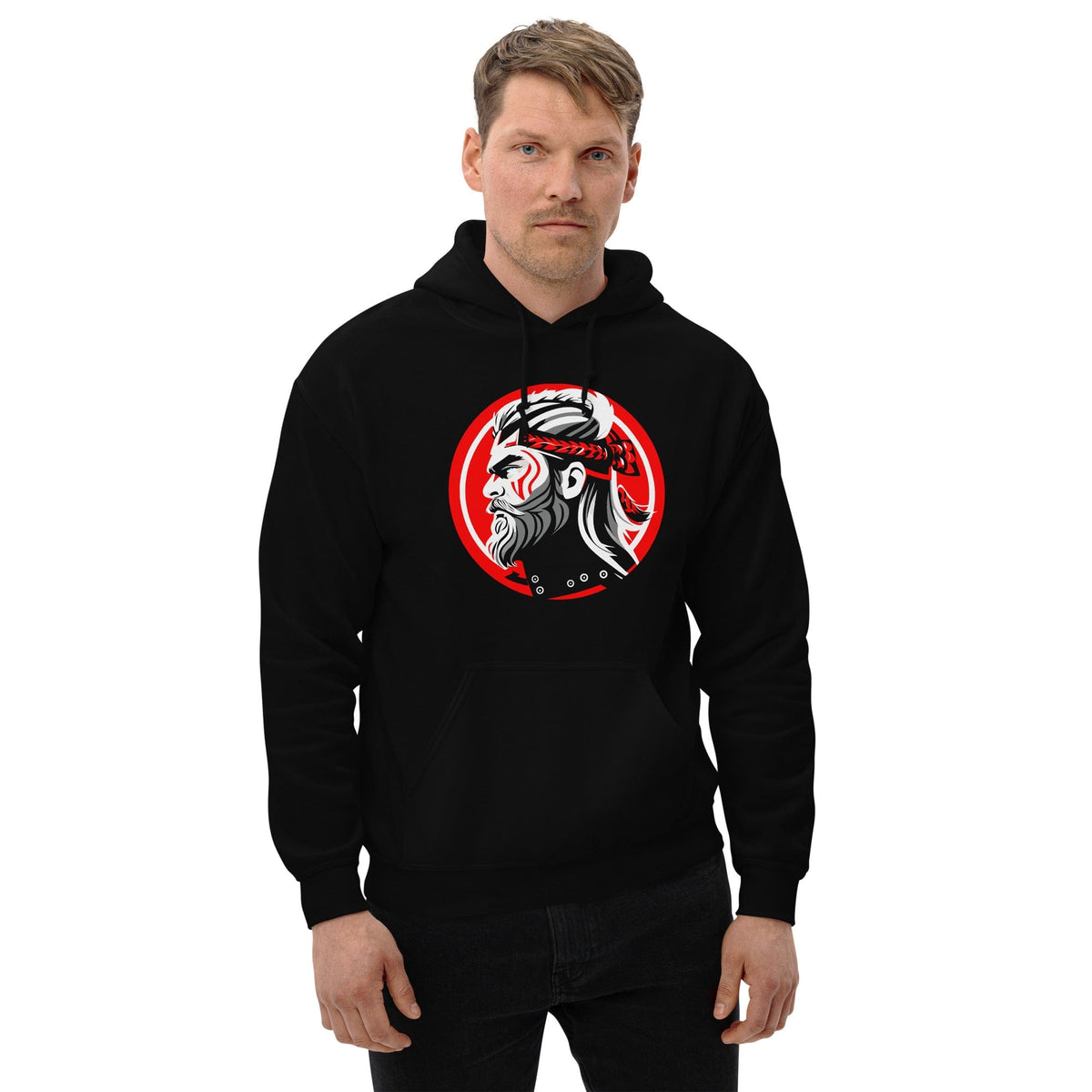 Black pullover hoodie with hood and kangaroo pocket, featuring a circular samurai graphic.