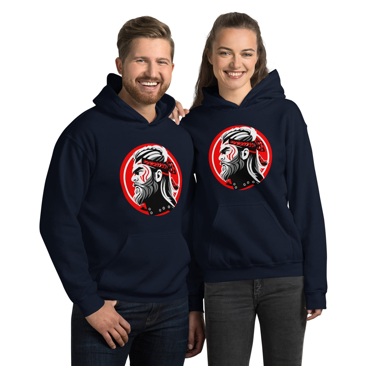 Navy pullover hoodie with hood and kangaroo pocket, featuring a circular samurai graphic.