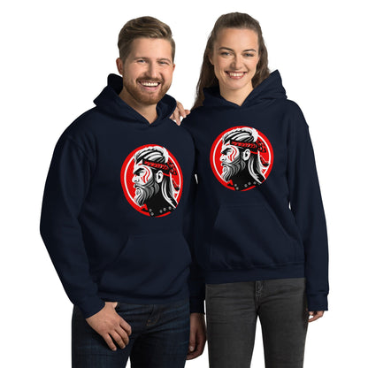 Navy pullover hoodie with hood and kangaroo pocket, featuring a circular samurai graphic.