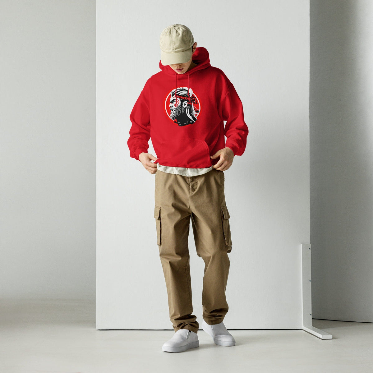 Red pullover hoodie with hood and kangaroo pocket, featuring a circular samurai graphic.