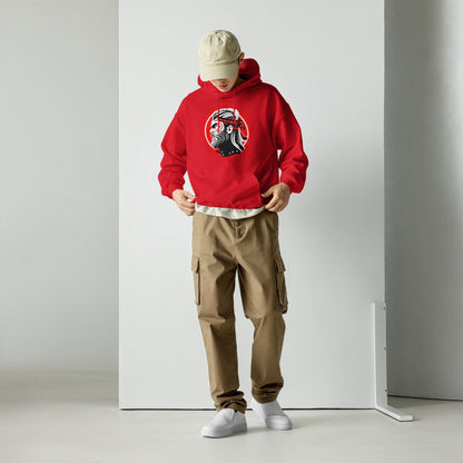 Red pullover hoodie with hood and kangaroo pocket, featuring a circular samurai graphic.