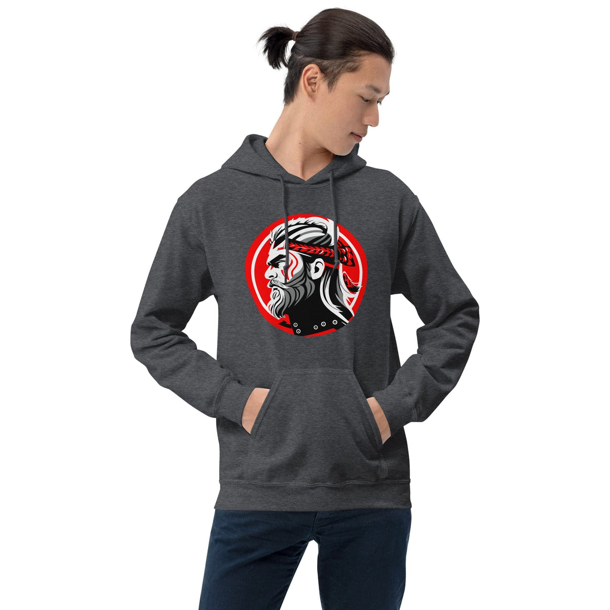 Dark heather pullover hoodie with hood and kangaroo pocket, featuring a circular samurai graphic.
