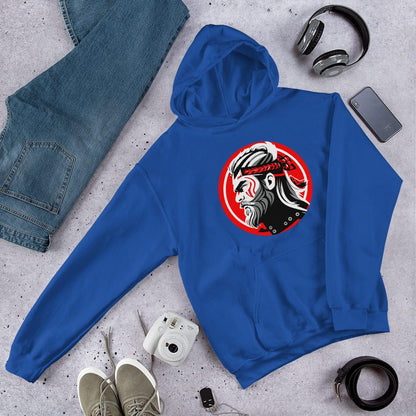 Royal blue pullover hoodie with hood and kangaroo pocket, featuring a circular samurai graphic.