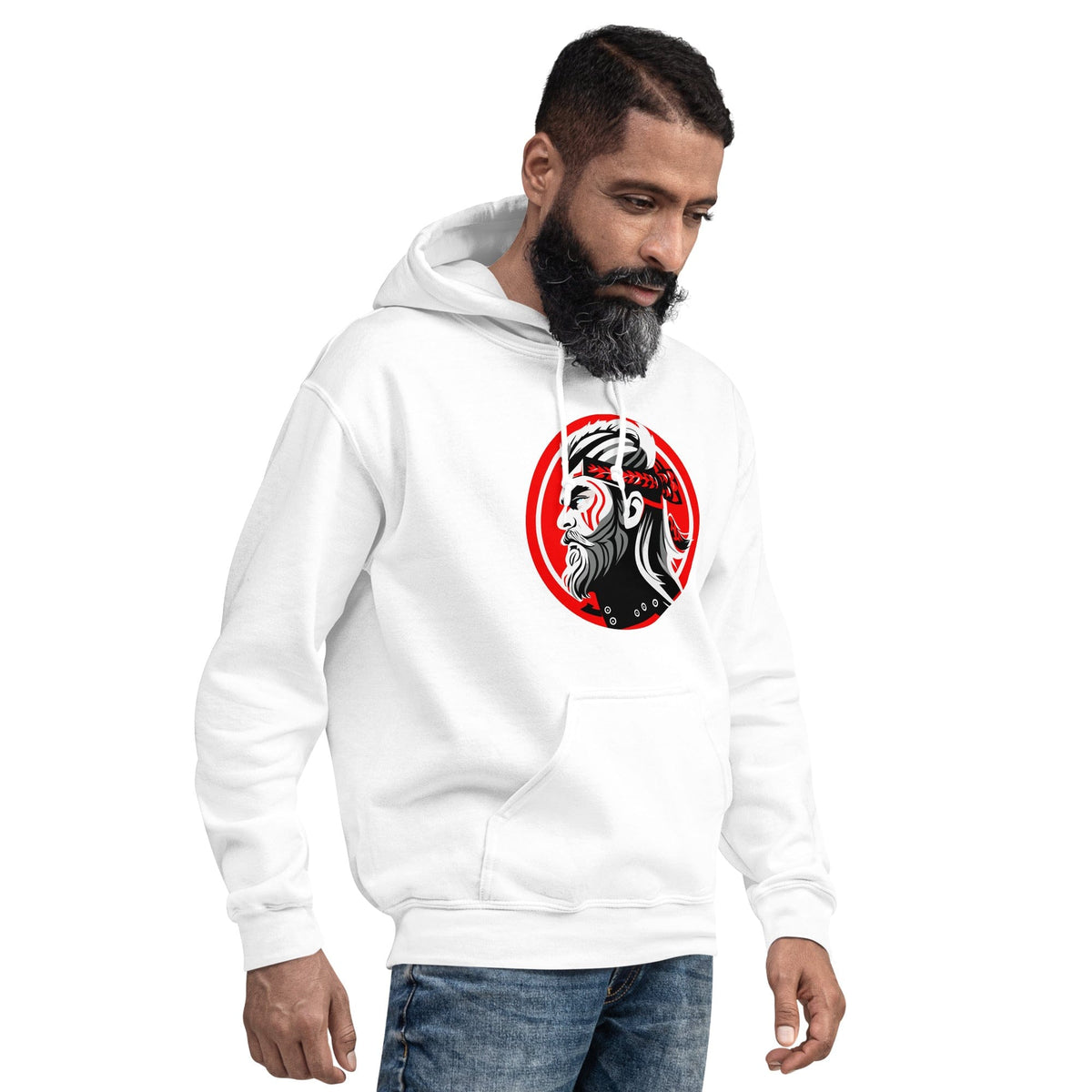 White pullover hoodie with hood and kangaroo pocket, featuring a circular samurai graphic.