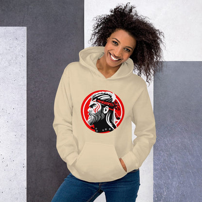 Sand pullover hoodie with hood and kangaroo pocket, featuring a circular samurai graphic.