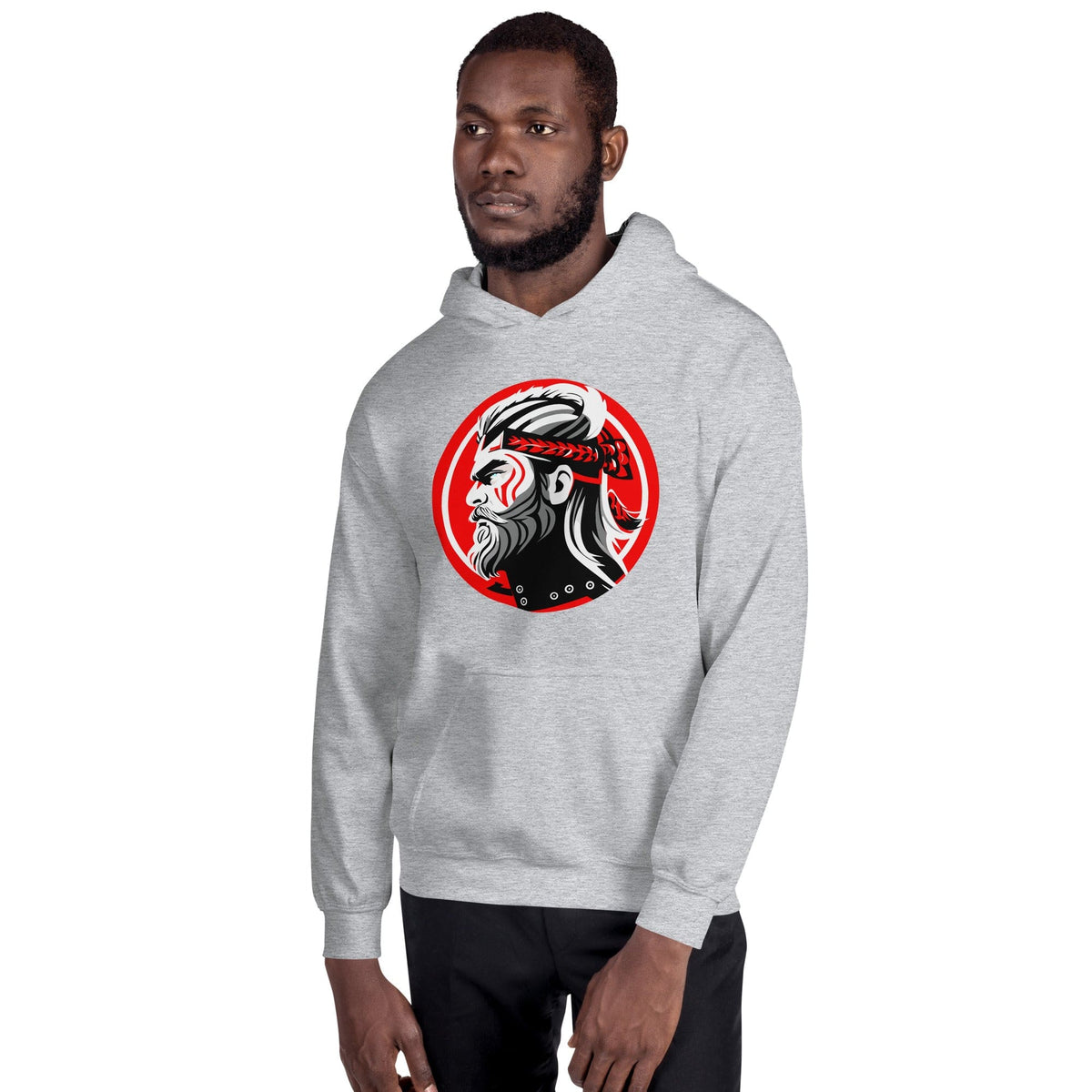 Sport grey pullover hoodie with hood and kangaroo pocket, featuring a circular samurai graphic.