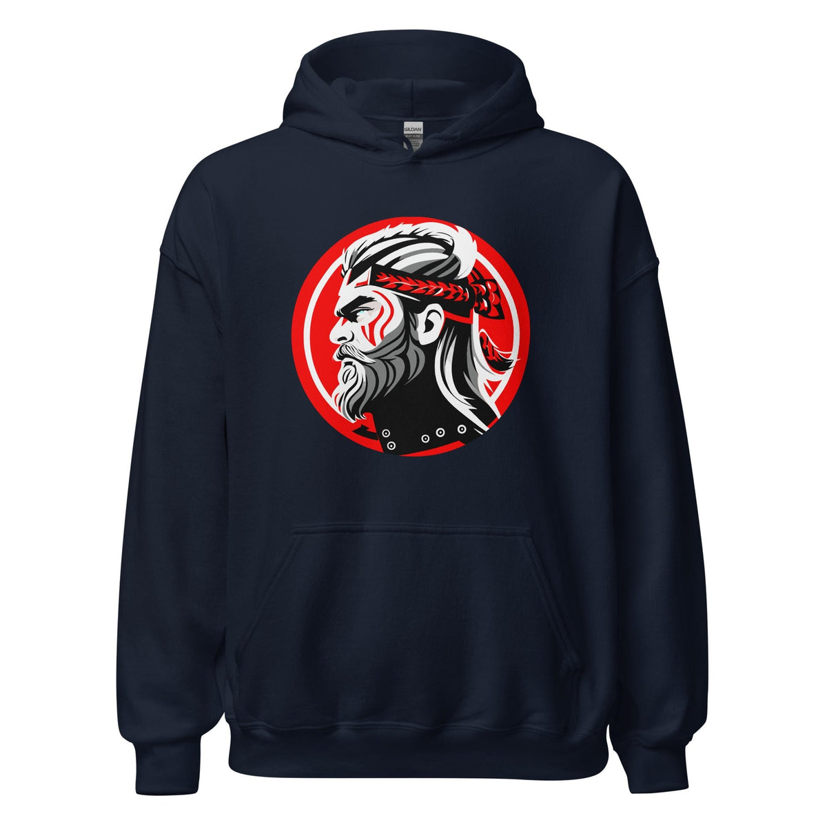 Navy hoodie with front kangaroo pocket, hood, and circular warrior graphic on chest