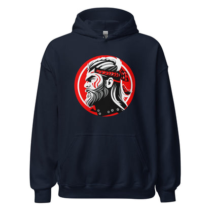 Navy hoodie with front kangaroo pocket, hood, and circular warrior graphic on chest