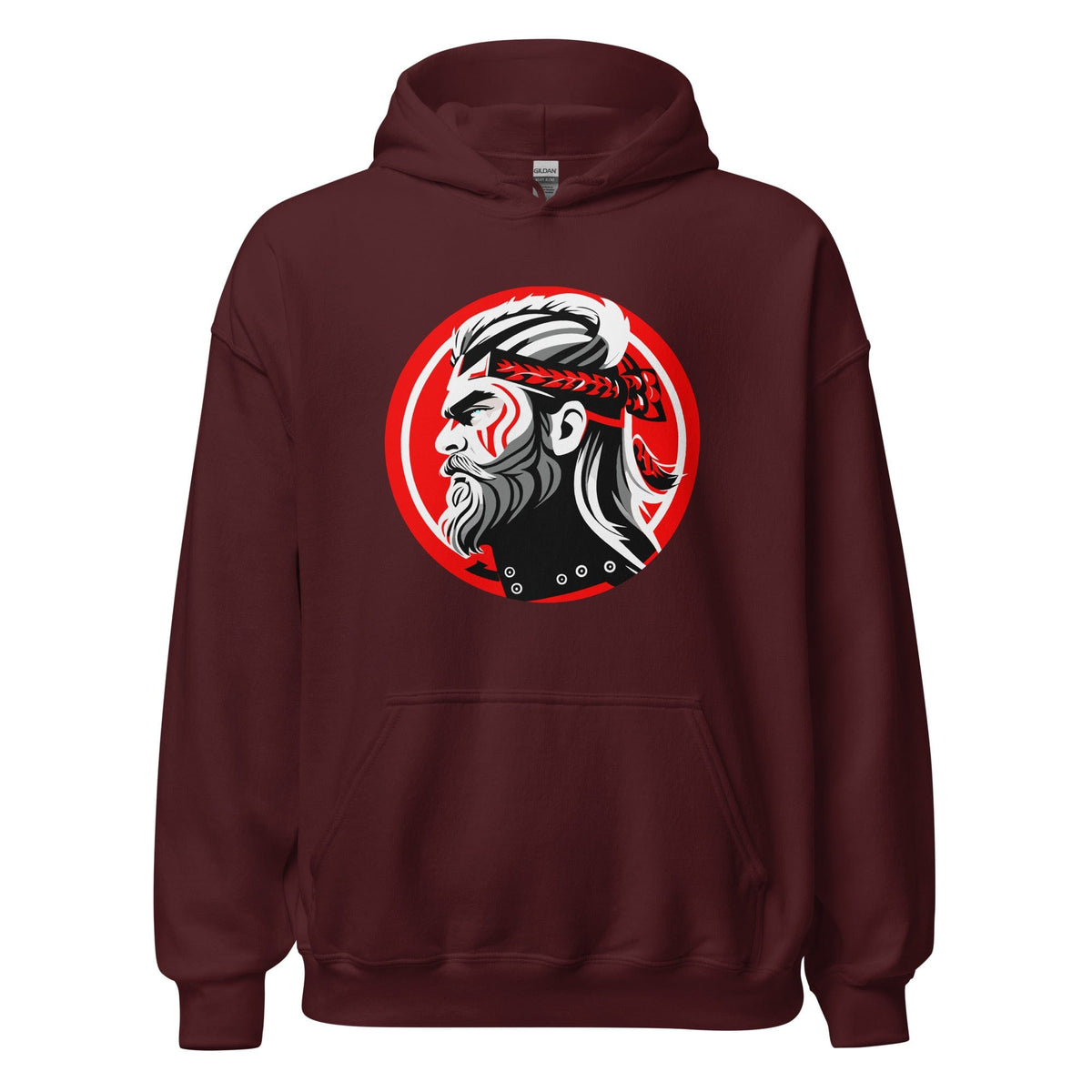 Burgundy hoodie with front kangaroo pocket, hood, and circular warrior graphic on chest