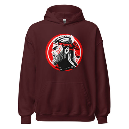 Burgundy hoodie with front kangaroo pocket, hood, and circular warrior graphic on chest