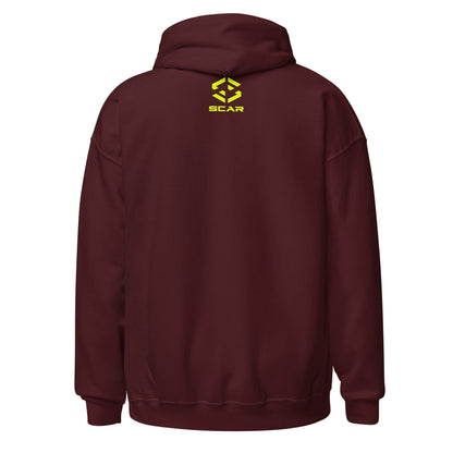 Burgundy hoodie back with hood and small yellow SCAR logo near upper center