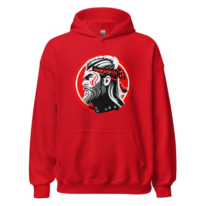 Red hoodie with front kangaroo pocket, hood, and circular warrior graphic on chest