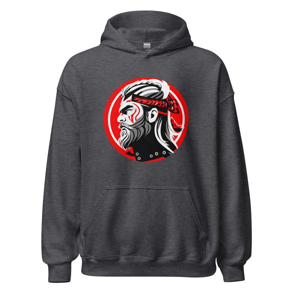 Dark gray hoodie with front kangaroo pocket, hood, and circular warrior graphic on chest