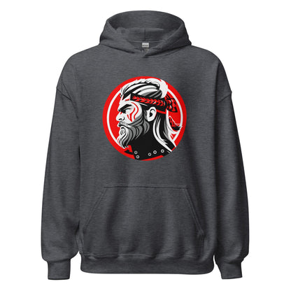 Dark gray hoodie with front kangaroo pocket, hood, and circular warrior graphic on chest