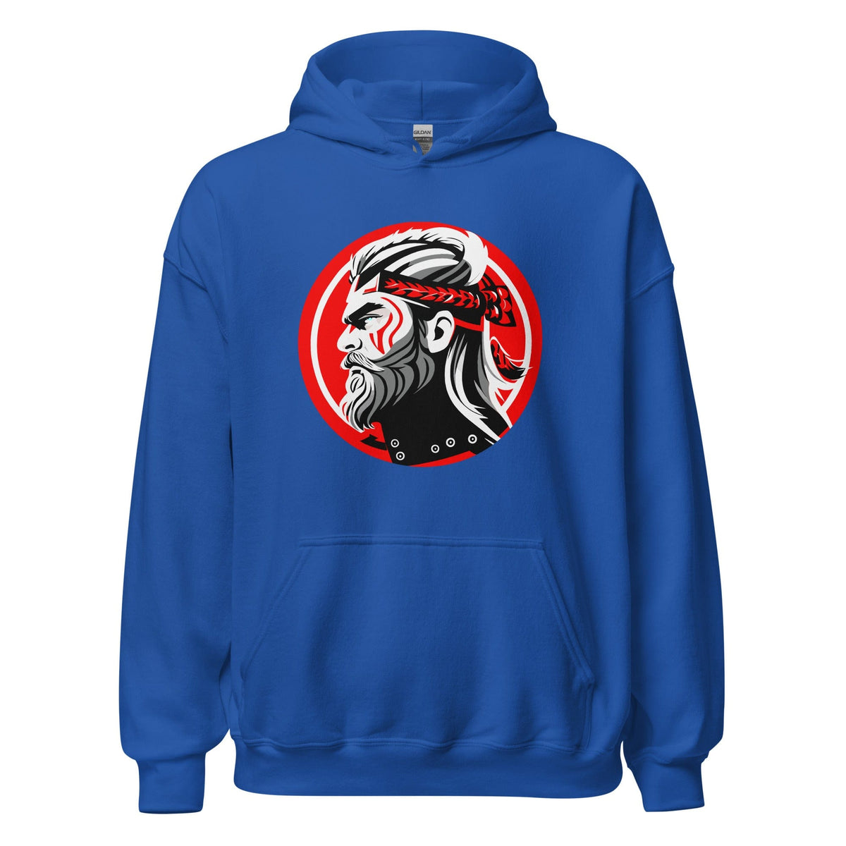 Royal blue hoodie with front kangaroo pocket, hood, and circular warrior graphic on chest