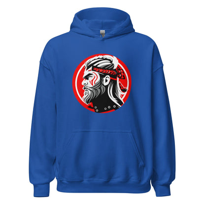 Royal blue hoodie with front kangaroo pocket, hood, and circular warrior graphic on chest