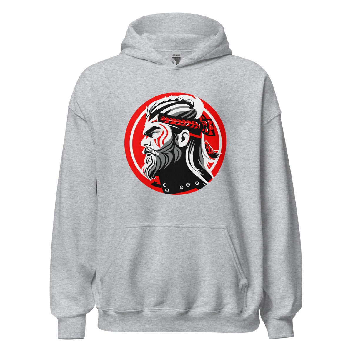 Light gray hoodie with front kangaroo pocket, hood, and circular warrior graphic on chest