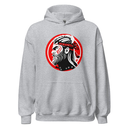 Light gray hoodie with front kangaroo pocket, hood, and circular warrior graphic on chest
