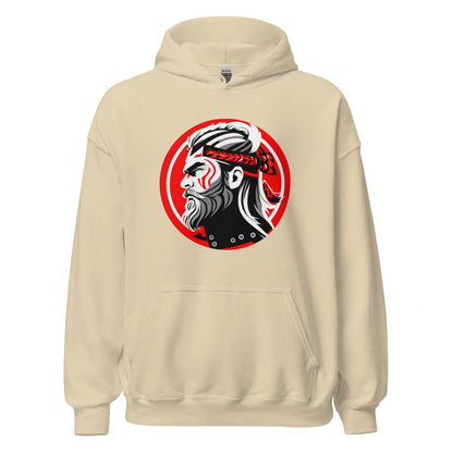 Sand beige hoodie with front kangaroo pocket, hood, and circular warrior graphic on chest