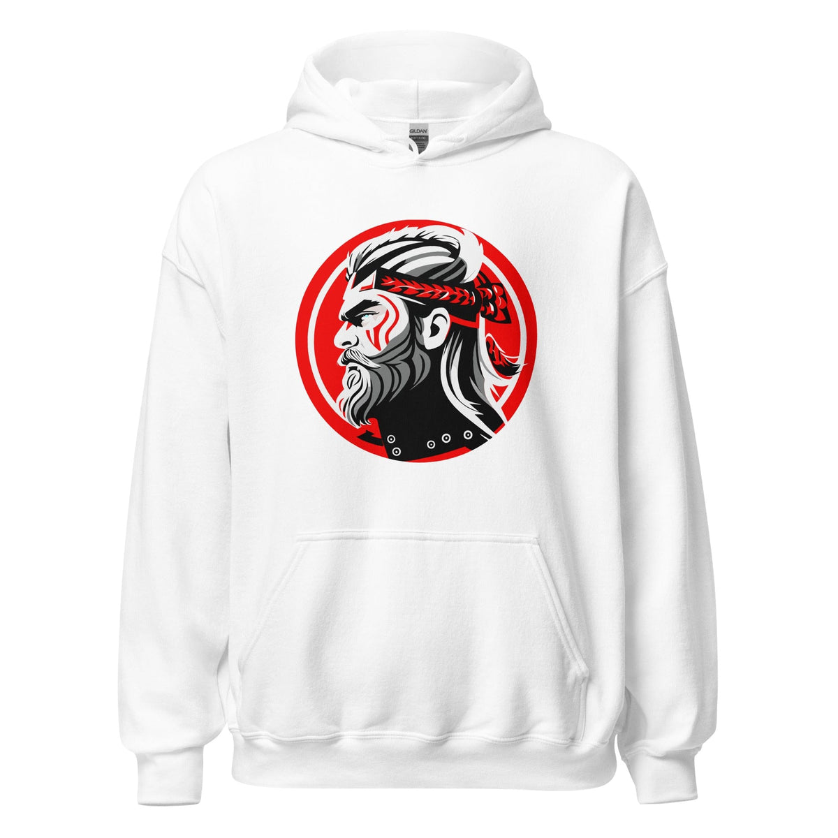 White hoodie with front kangaroo pocket, hood, and circular warrior graphic on chest