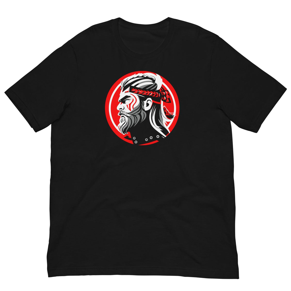 Black crew-neck T-shirt with red circular samurai warrior chest graphic