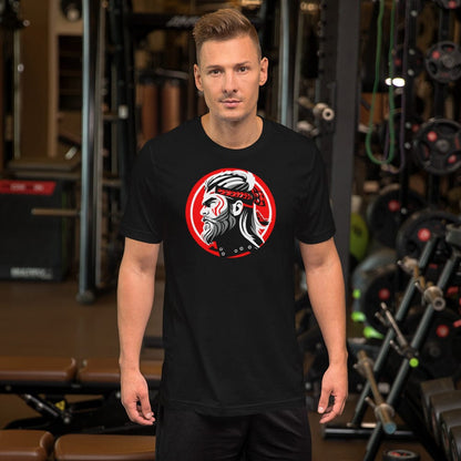 Black crew-neck T-shirt with red circular samurai warrior chest graphic on model