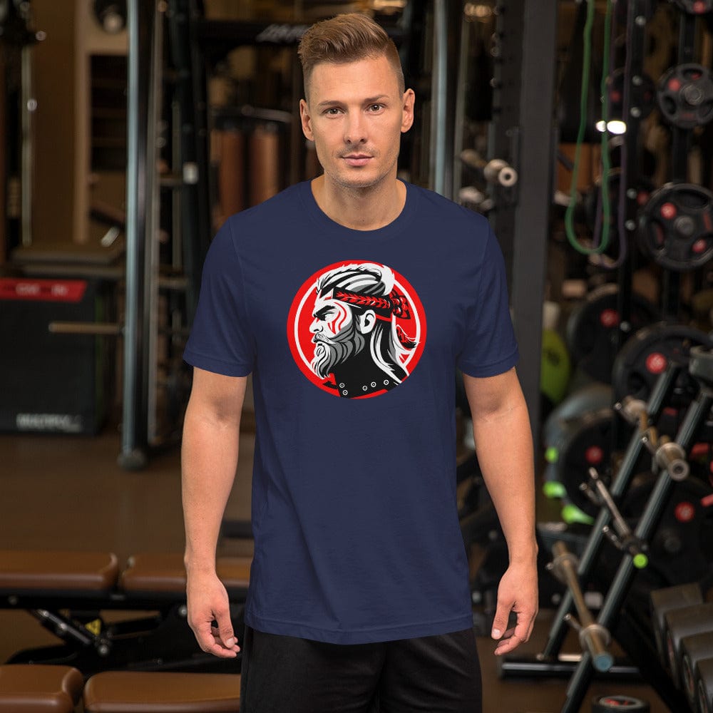 Navy crew-neck T-shirt with red circular samurai warrior chest graphic on model
