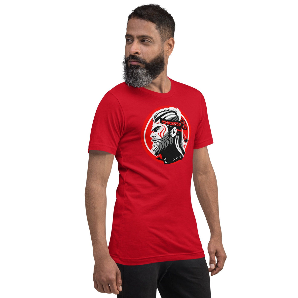 Red crew-neck T-shirt with red circular samurai warrior chest graphic