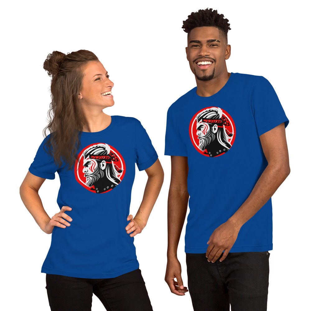 Blue crew-neck T-shirt with red circular samurai warrior chest graphic on couple