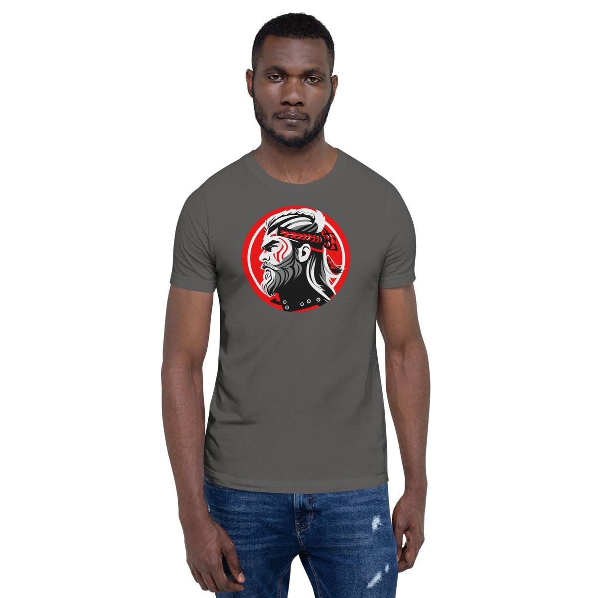 Dark gray crew-neck T-shirt with red circular samurai warrior chest graphic