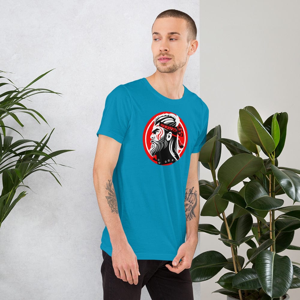 Teal crew-neck T-shirt with red circular samurai warrior chest graphic