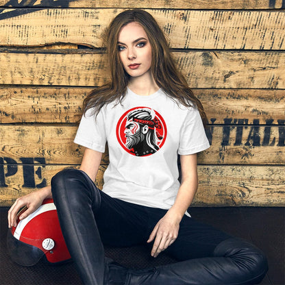 White crew-neck T-shirt with red circular samurai warrior chest graphic
