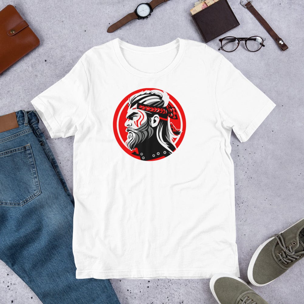 White crew-neck T-shirt with red circular samurai warrior chest graphic