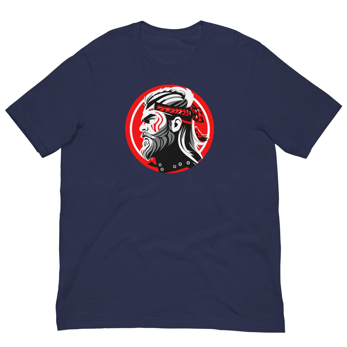 Navy crew-neck T-shirt with red circular samurai warrior chest graphic