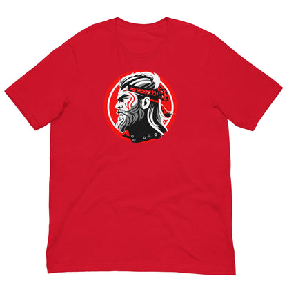 Red crewneck T-shirt with circular samurai warrior graphic on chest.