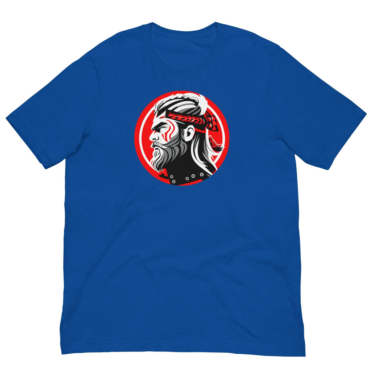 Royal blue crewneck T-shirt with circular samurai warrior graphic on chest.