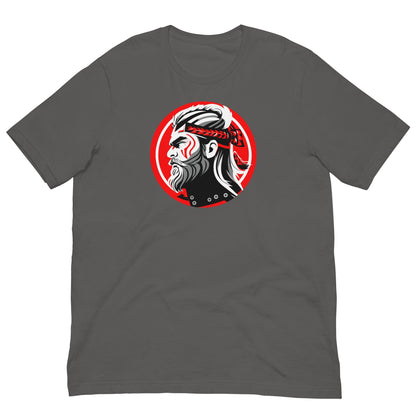 Gray crewneck T-shirt with circular samurai warrior graphic on chest.