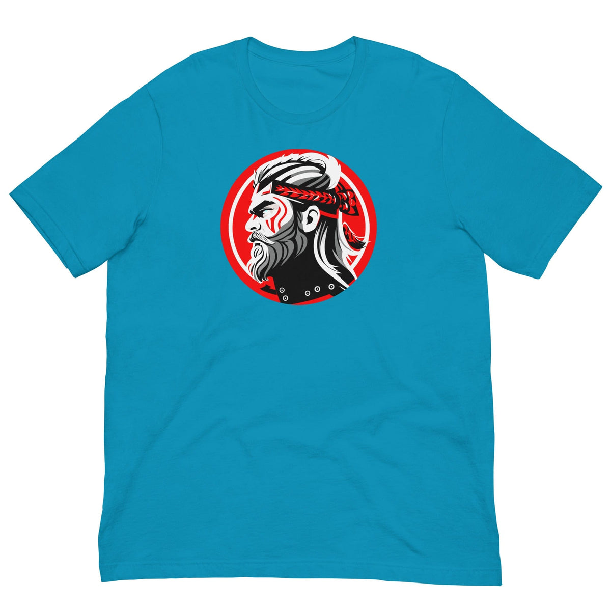 Aqua crewneck T-shirt with circular samurai warrior graphic on chest.
