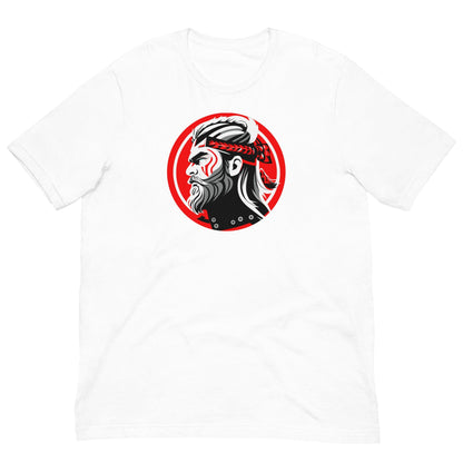 White crewneck T-shirt with circular samurai warrior graphic on chest.