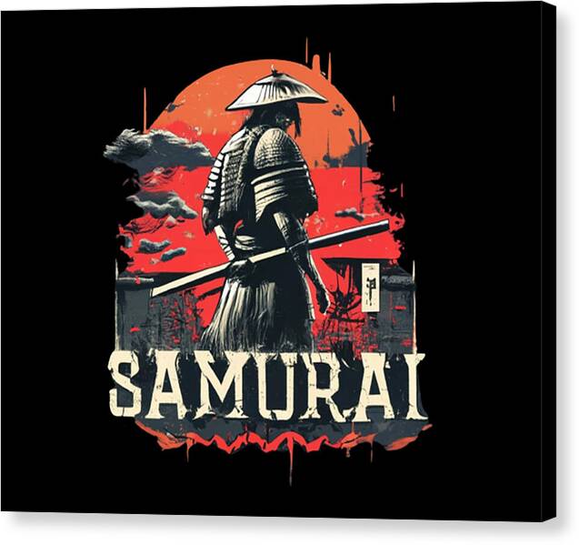 Samurai warrior canvas print with helmeted figure, sword, orange sun, and 'SAMURAI' text