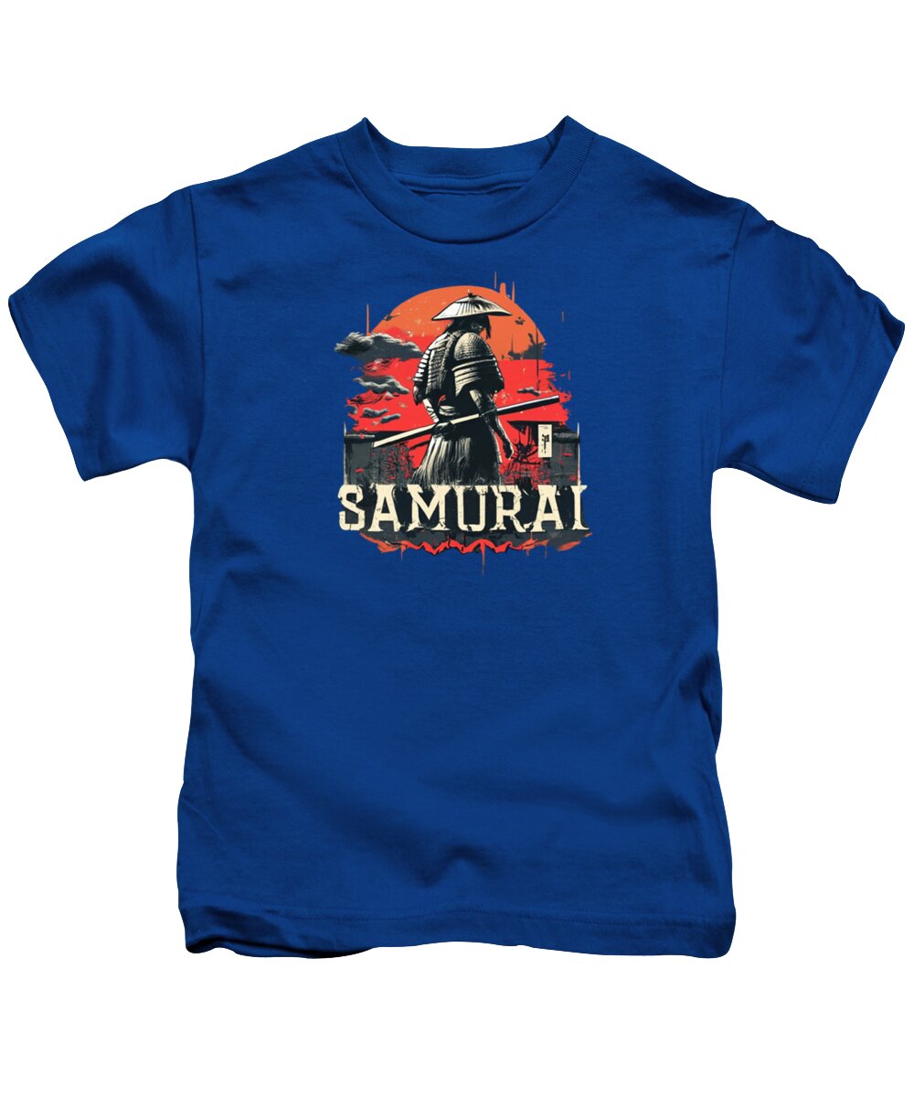 Kids t-shirt in blue with samurai warrior graphic on front, crew neck