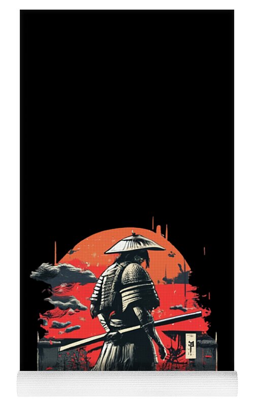 Yoga mat, black with samurai under orange sun; gray striped edge along bottom
