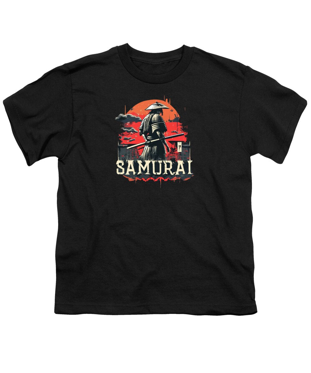 Black youth T-shirt with samurai warrior graphic on the front