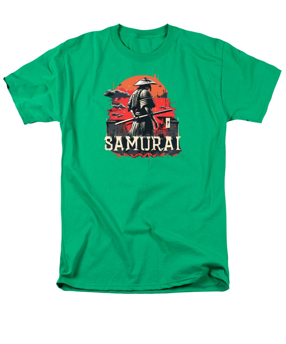 Men's green T-shirt with Samurai graphic print at center.