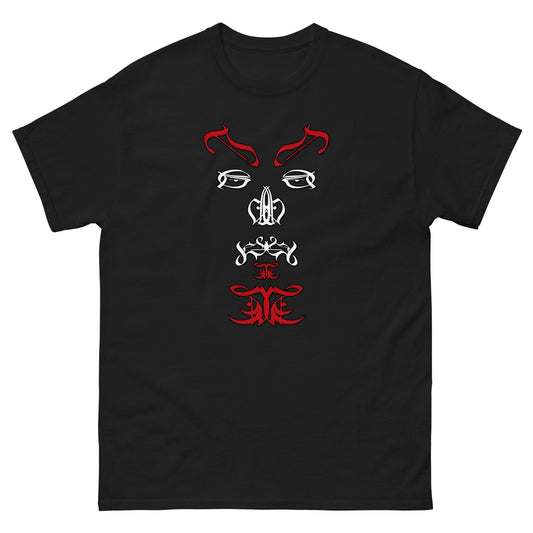 Black typographic face T-shirt with red and white horned face graphic centered on chest