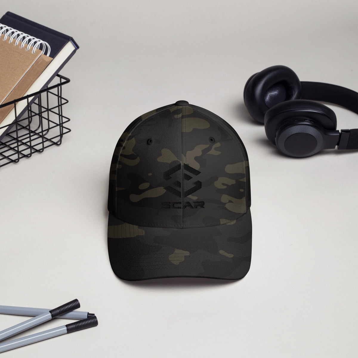 Army camo baseball cap with embroidered SCAR logo, front view