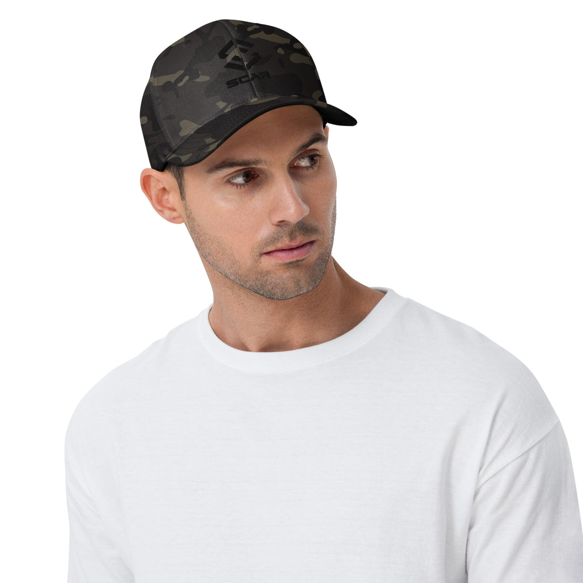 Army camo baseball cap with stitched SCAR logo, worn on head