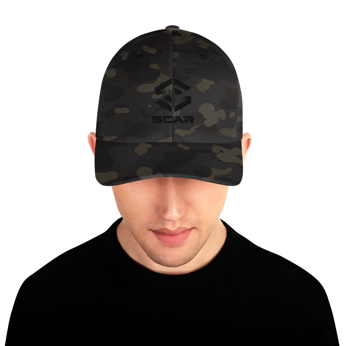 Army camo baseball cap front view with stitched SCAR logo detail