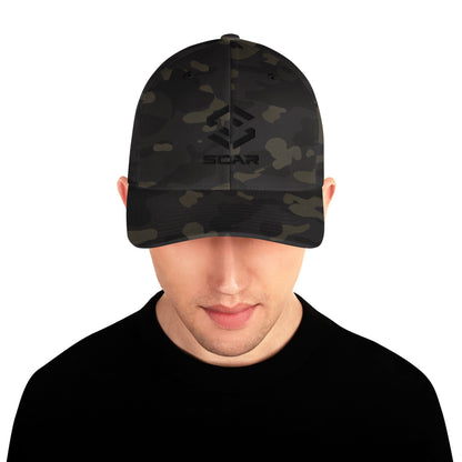 Army camo baseball cap front view with stitched SCAR logo detail