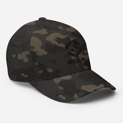 Army camo baseball cap with embroidered SCAR logo and curved brim